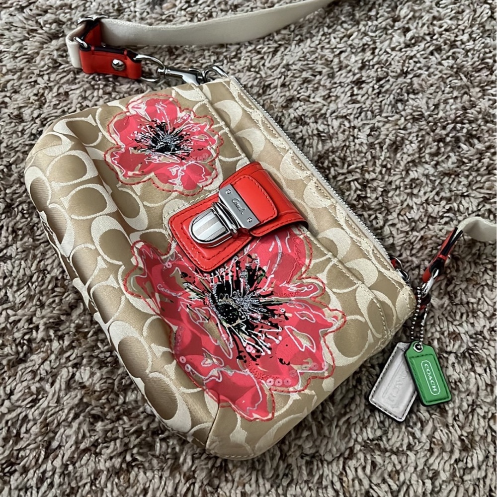 COACH tan khaki signature floral sequin accent crossbody with satin lining